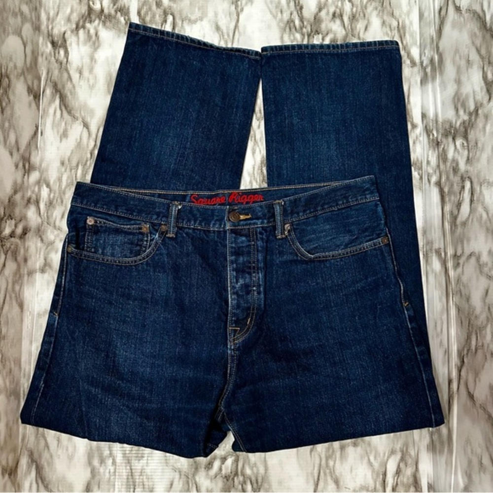 Lands End Square Rigger Men Sz 36 Button Fly Straight Med Wash Denim Blue Jeans
